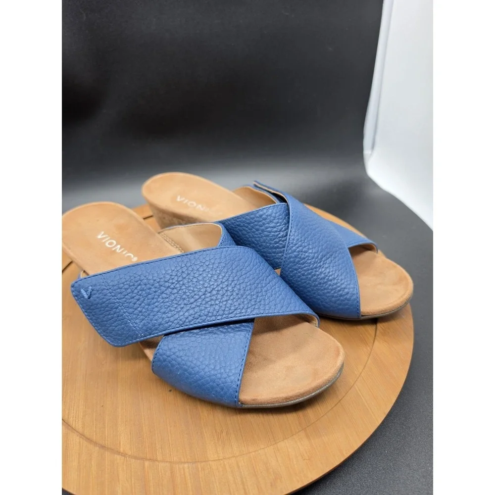 Vionic Leticia CrissCross Blue Leather Wedge Heel‎ Slip On Summer Sandal Size 9